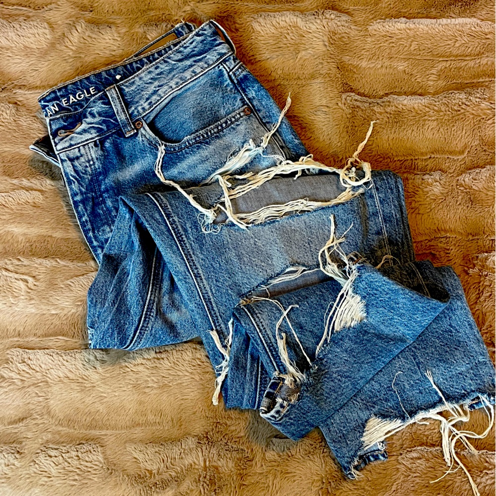 Distressed Mom Jeans, Button Fly. Long Length